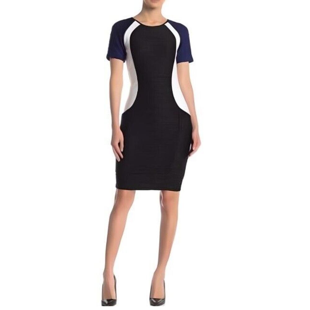 Focus By Shani Dress Women's 6 Black White Blue Color Block Ottoman Sheath NWT
